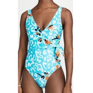 Tanya Taylor Kelly Wrap One Piece Swimsuit in Blue XS